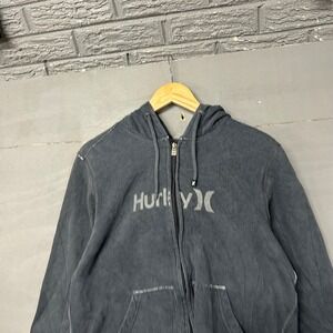 Hurley Mens Full Zip Hoodie Faded Black Graphic Logo Contrast Stitch Large